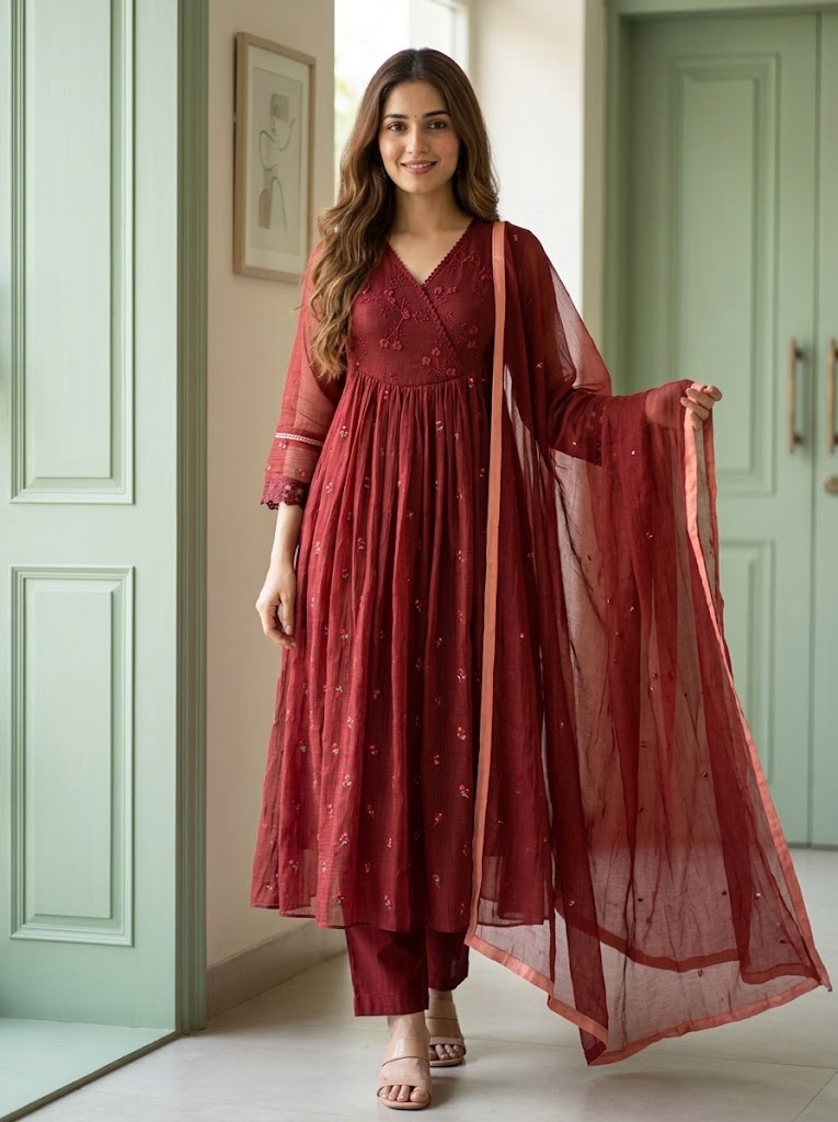 ❤️ Maroon Red Pure Mul Kota Angrakha-Style Anarkali Suit ❤️ - Image 2
