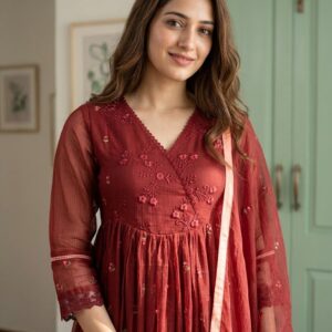 ❤️ Maroon Red Pure Mul Kota Angrakha-Style Anarkali Suit ❤️