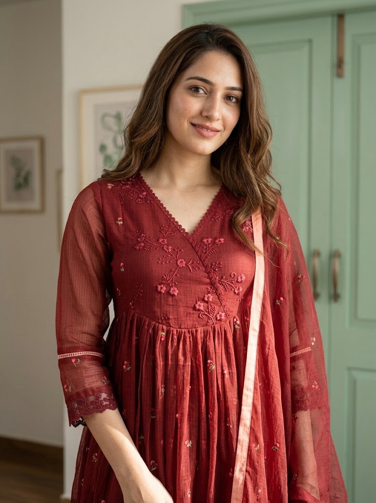 ❤️ Maroon Red Pure Mul Kota Angrakha-Style Anarkali Suit ❤️