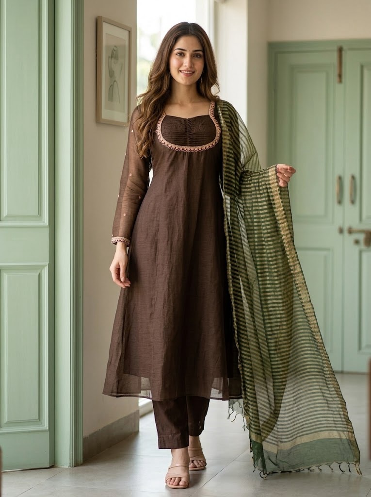 π€ Brown Pure Mul Chanderi Banarasi Designer Suit β Hand Zardozi Embroidery β¨ - Image 2