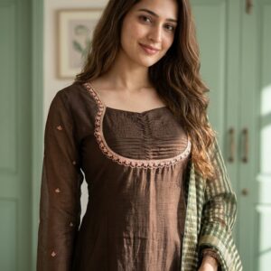 π€ Brown Pure Mul Chanderi Banarasi Designer Suit β Hand Zardozi Embroidery β¨