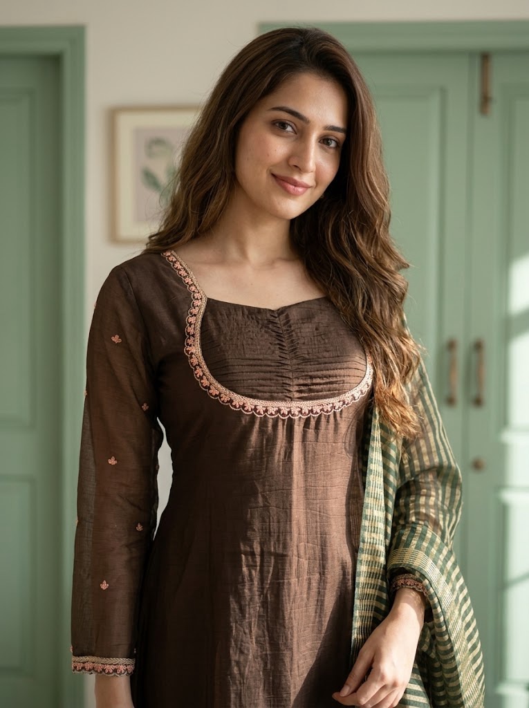 π€ Brown Pure Mul Chanderi Banarasi Designer Suit β Hand Zardozi Embroidery β¨