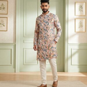 Pink & Blue Combo Men’s Designer Kurta Set with All-Over Self-Thread Work