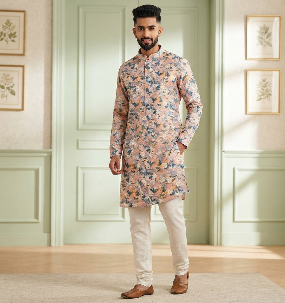 Pink & Blue Combo Men’s Designer Kurta Set with All-Over Self-Thread Work