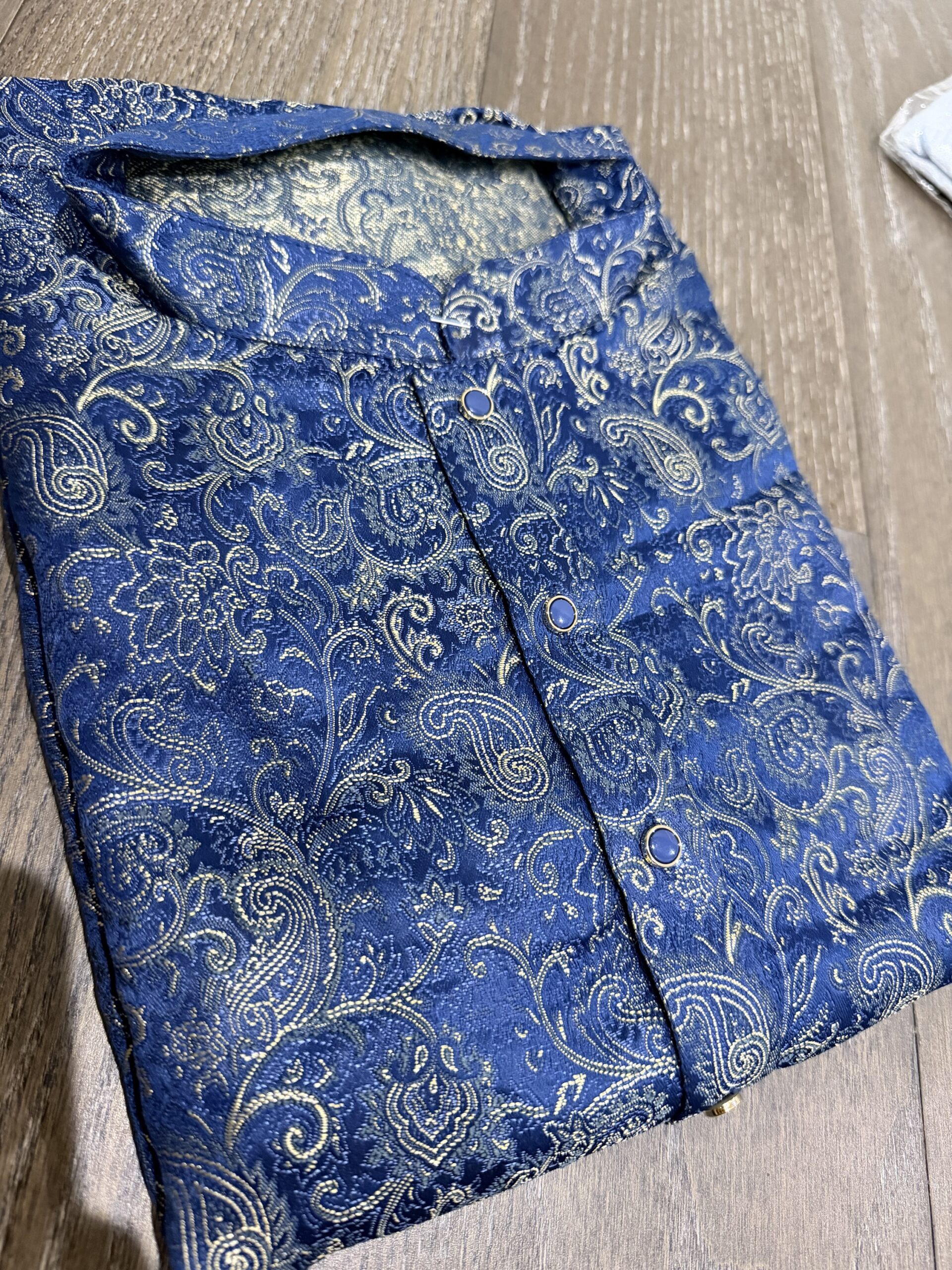 Blue Men’s Designer Silk Kurta Set with All-Over Mango Motifs & Pajama Pants