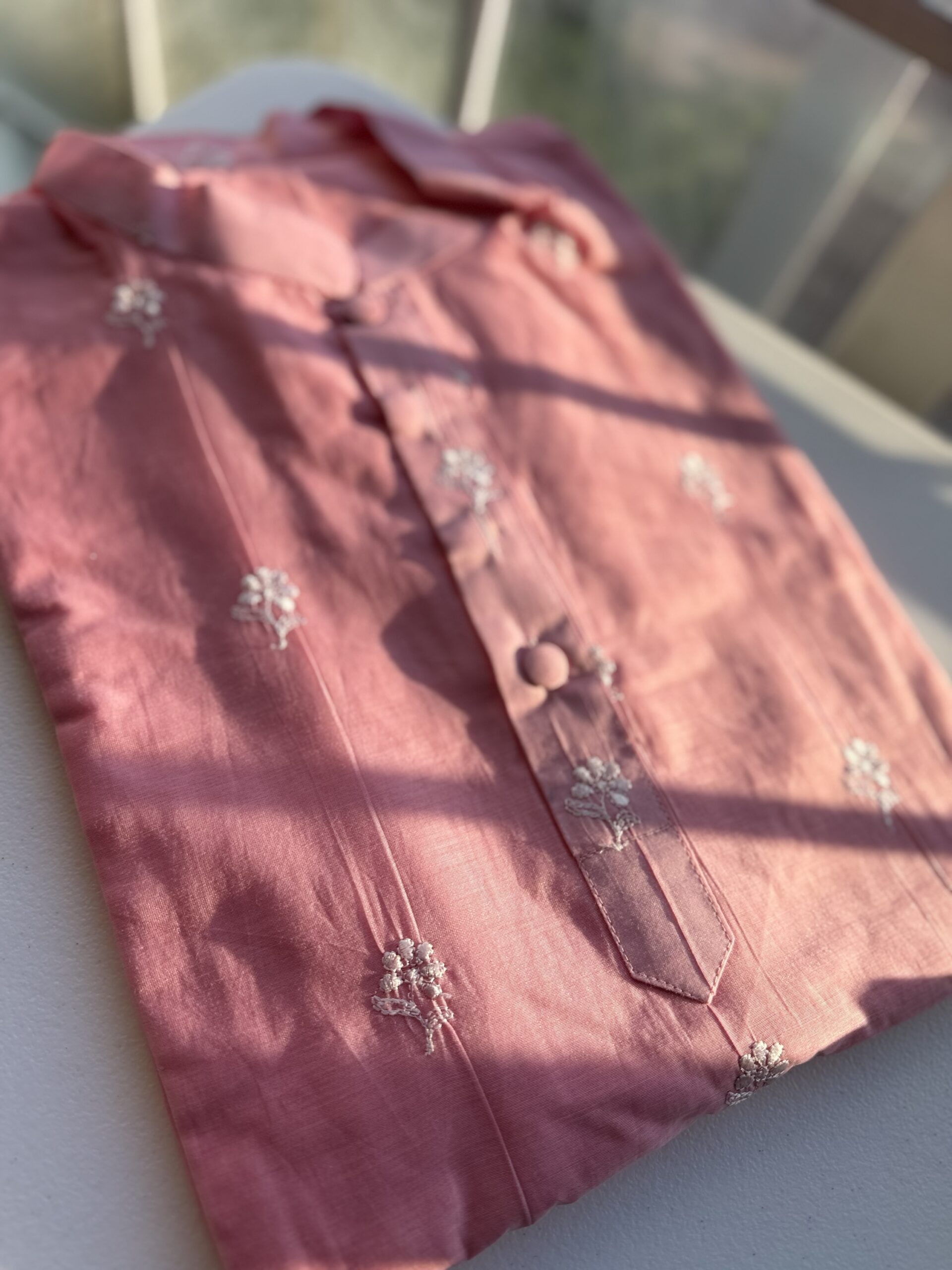 Pink Men’s Designer Mul Chanderi Kurta Set with Thread Butti Work